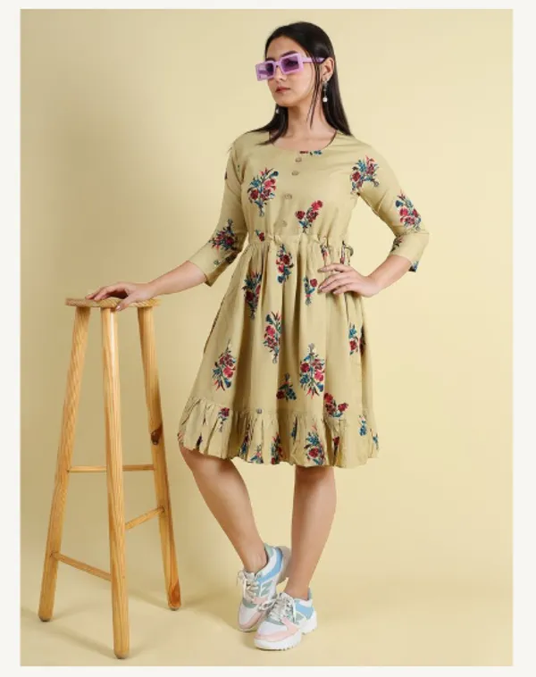 Beige_Silk_Blend_Premium_Lichi_Dress_For_Women