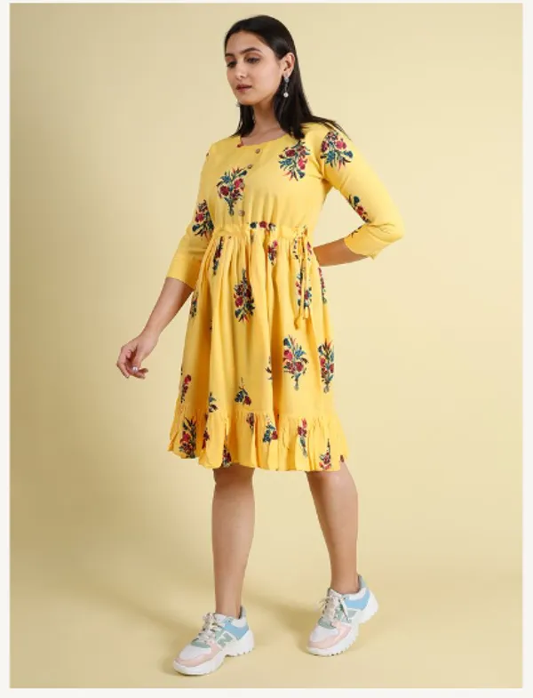Yellow_Silk_Blend_Premium_Lichi_Dress_For_Women