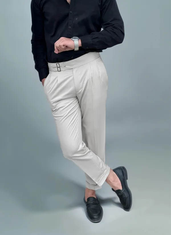 White_Double_Pleated_Buckle_Gurkha_Pants