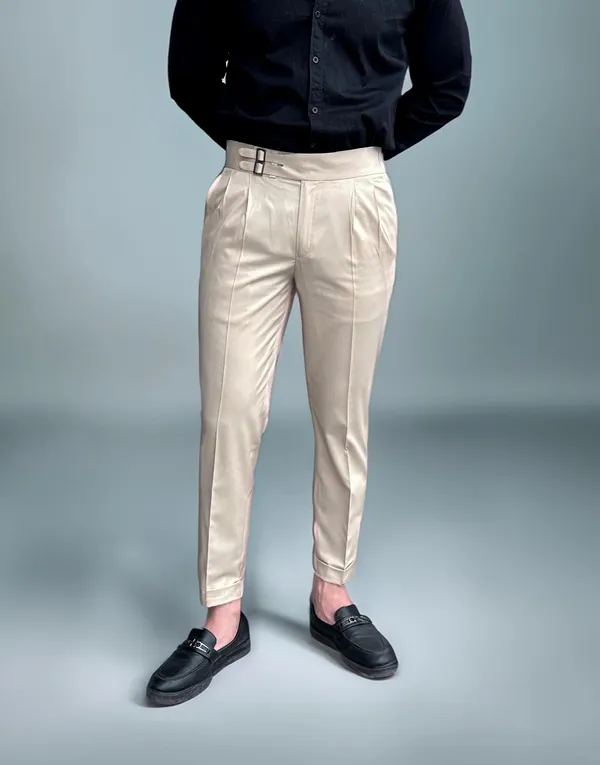 Beige_Double_Pleated_Buckle_Gurkha_Pants