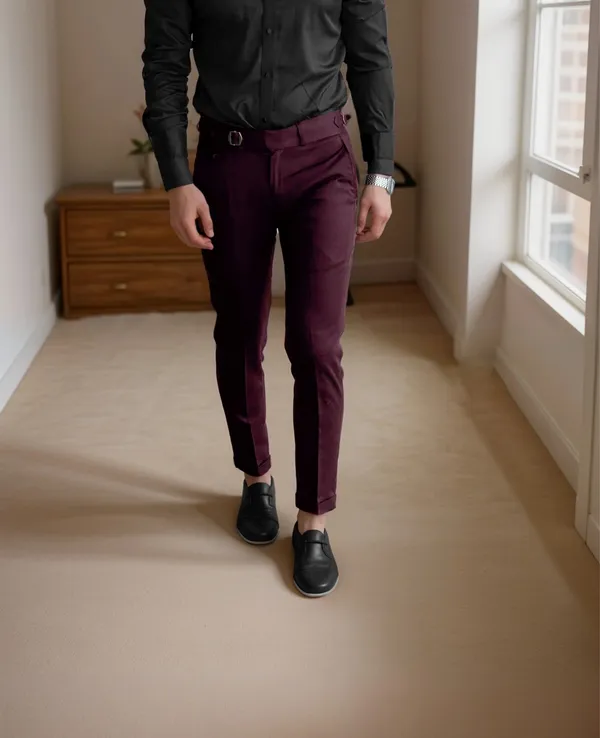 Wine_Single_Pleated_Buckle_Gurkha_Pants