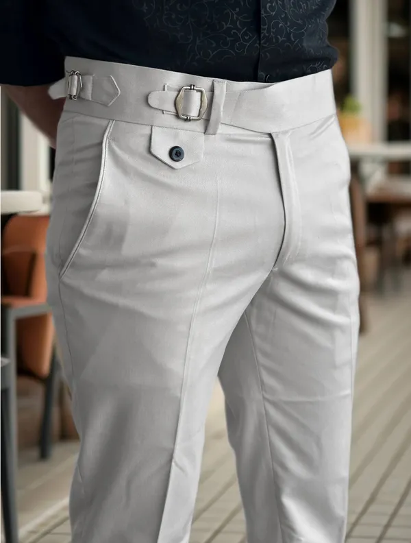 White_Single_Pleated_Buckle_Gurkha_Pants