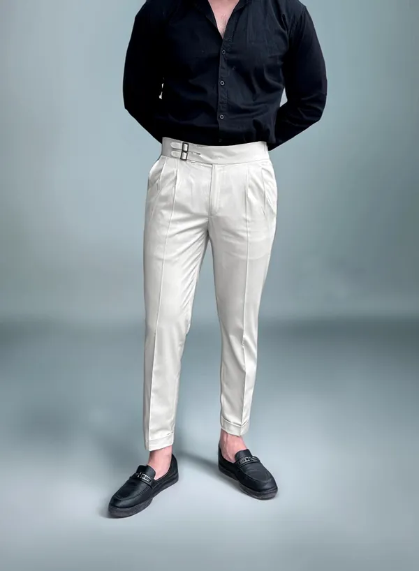 White_Double_Pleated_Buckle_Gurkha_Pants