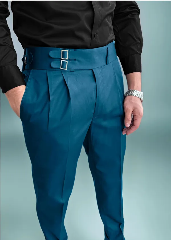 Teal_Blue_Double_Pleated_Buckle_Gurkha_Pants