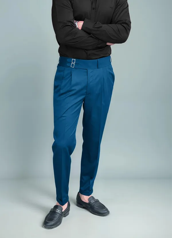 Teal_Blue_Double_Pleated_Buckle_Gurkha_Pants