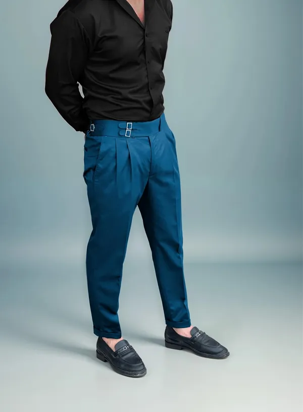 Teal_Blue_Double_Pleated_Buckle_Gurkha_Pants