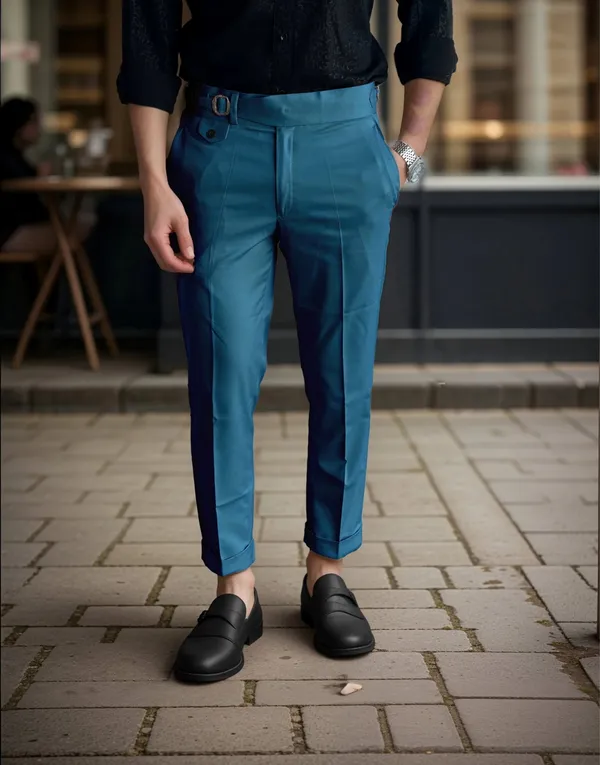 Teal_Blue_Single_Pleated_Buckle_Gurkha_Pants