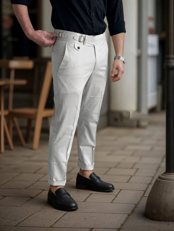 White_Single_Pleated_Buckle_Gurkha_Pants