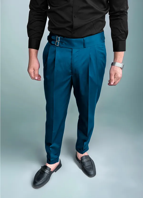 Teal_Blue_Double_Pleated_Buckle_Gurkha_Pants