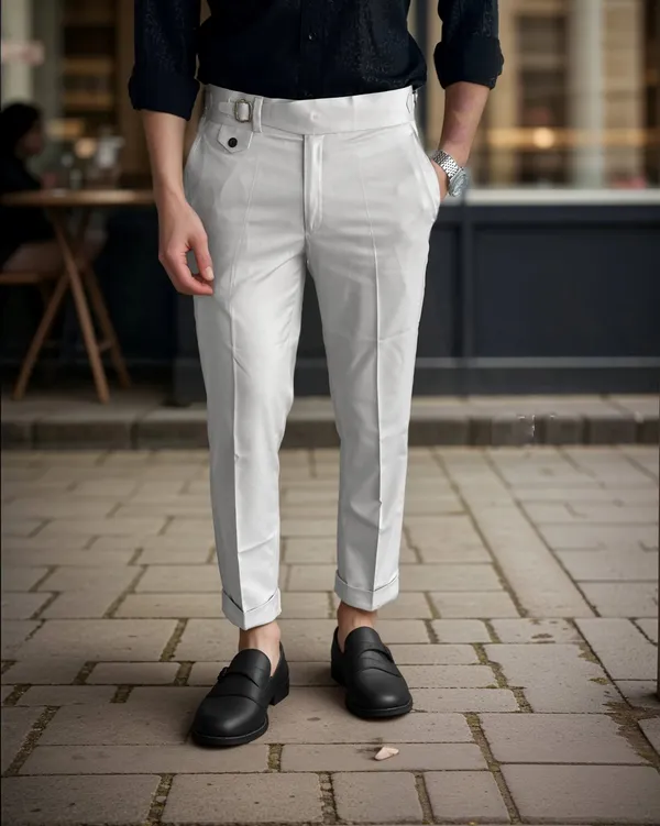 White_Single_Pleated_Buckle_Gurkha_Pants
