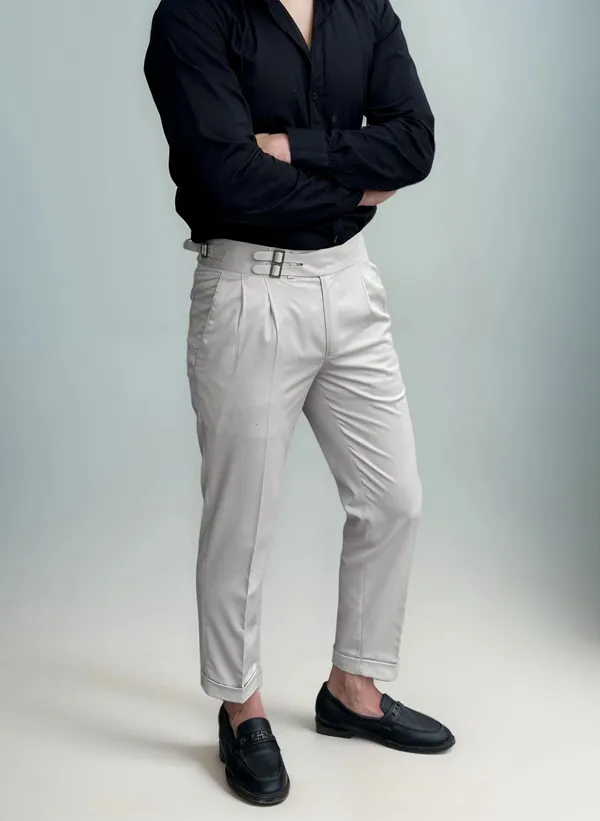 White_Double_Pleated_Buckle_Gurkha_Pants