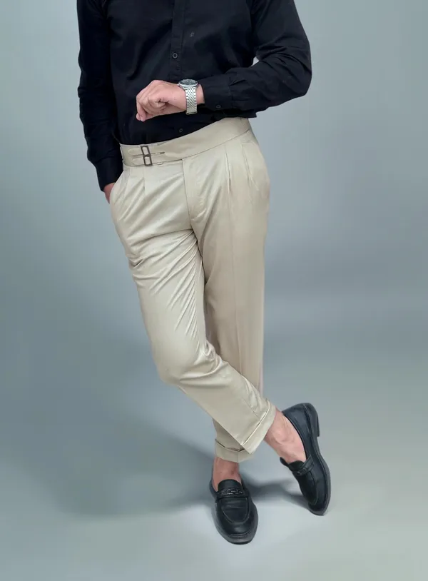Beige_Double_Pleated_Buckle_Gurkha_Pants
