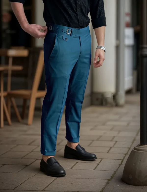 Teal_Blue_Single_Pleated_Buckle_Gurkha_Pants