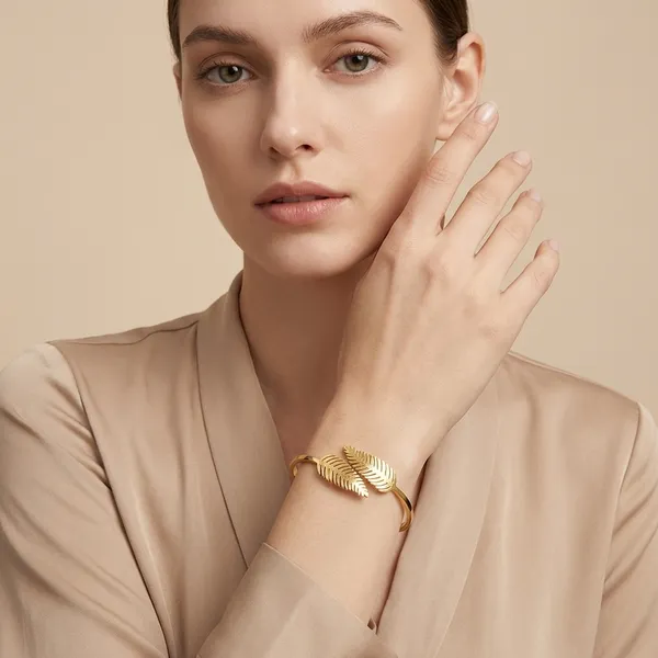 Golden_Feather_Design_Cuff_Bracelet_For_Women