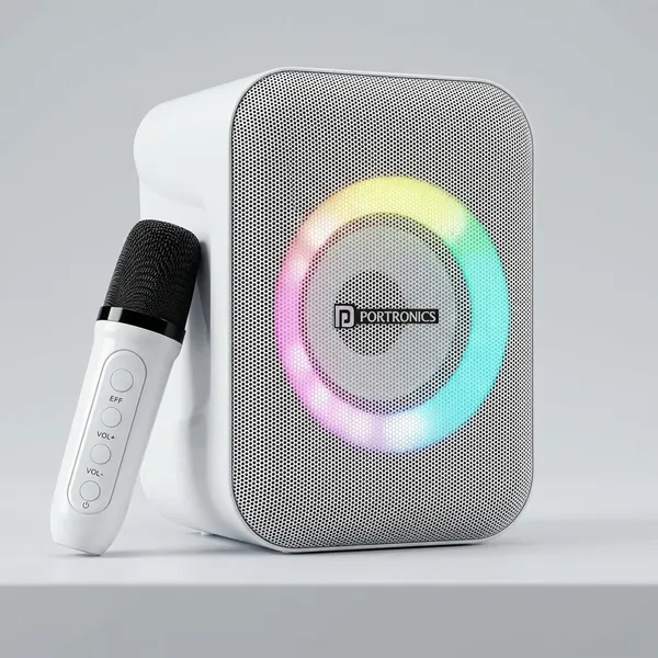 Silver_And_White_Portronics_Sound_Drum_1_Bluetooth_Karaoke_Speaker_With_Wireless_Microphone