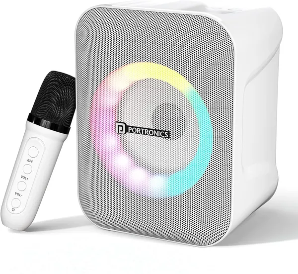 Silver_And_White_Portronics_Sound_Drum_1_Bluetooth_Karaoke_Speaker_With_Wireless_Microphone
