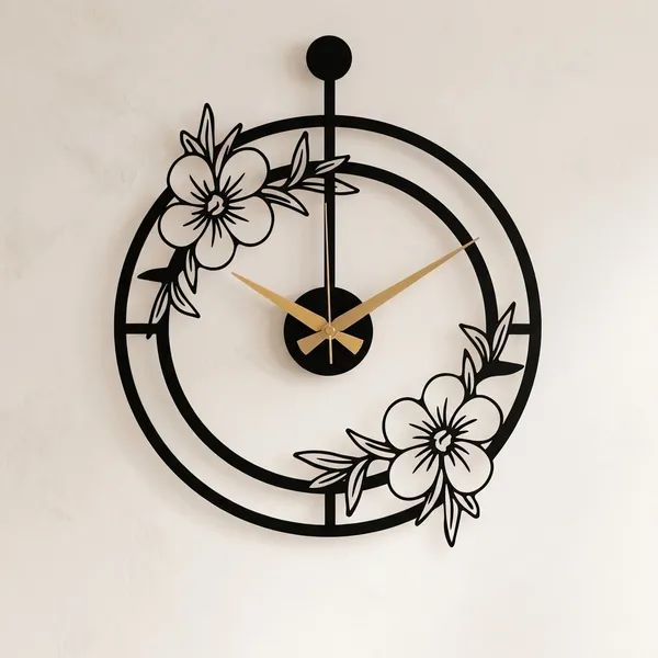 Decorative_Floral_Wall_Clock_-_Black_Metal_Frame_With_Gold_Hands
