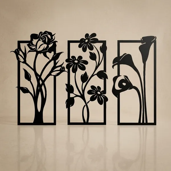 Set_Of_3_Decorative_Metal_Wall_Art_Panels_-_Floral_Design_(Rose,_Daisy_&_Calla_Lily)