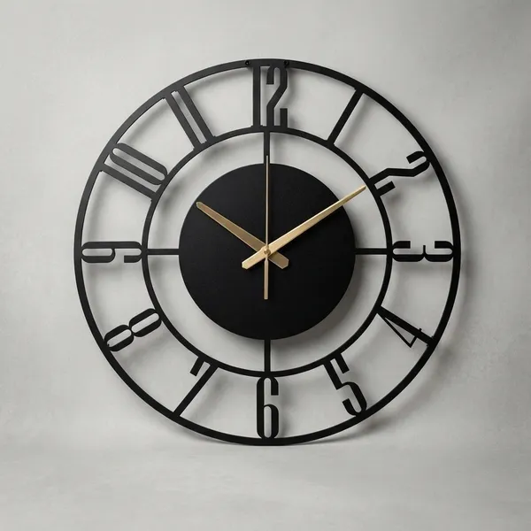 Modern_Decorative_Wall_Clock_With_Roman_Numerals_-_Black_Metal_Frame_With_Gold_Hands