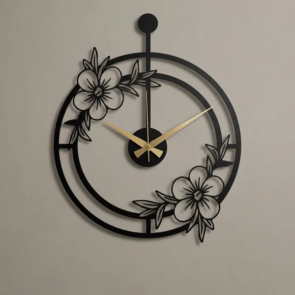Decorative_Floral_Wall_Clock_With_Black_Metal_Frame_And_Gold_Hands