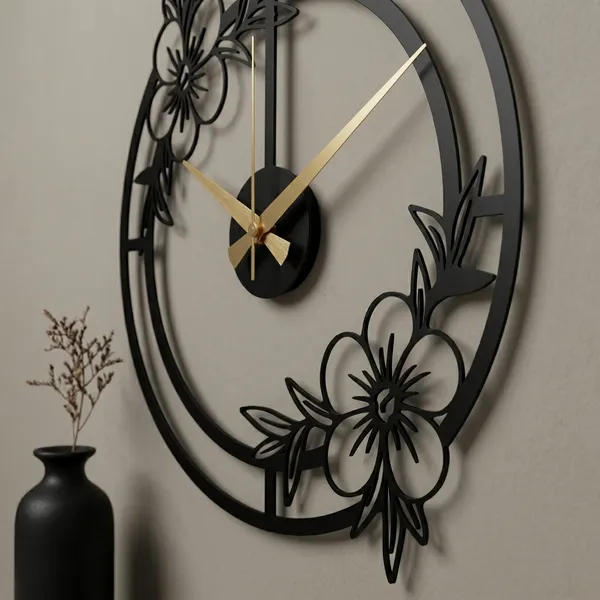 Decorative_Floral_Wall_Clock_With_Black_Metal_Frame_And_Gold_Hands