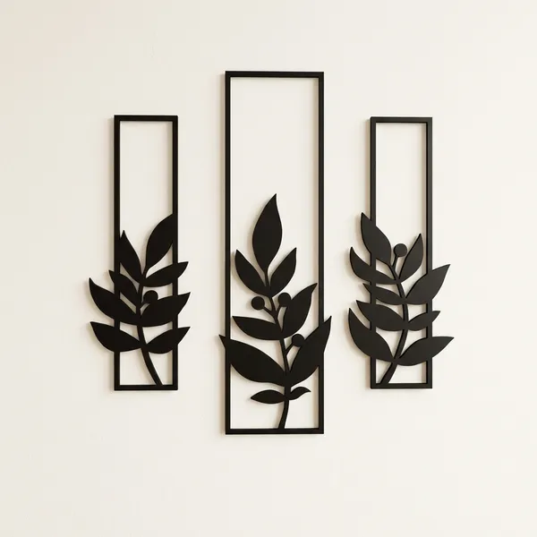Set_Of_3_Black_Metal_Leaf_Wall_Art_Panels_With_Rectangular_Frames
