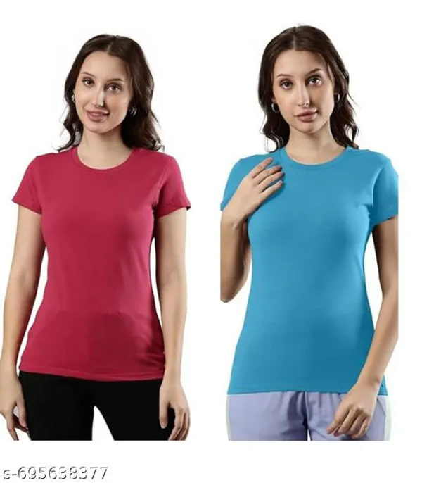Maroon_And_Blue_Premium_Polyester_T_Shirt_For_Women_Pack_Of_2