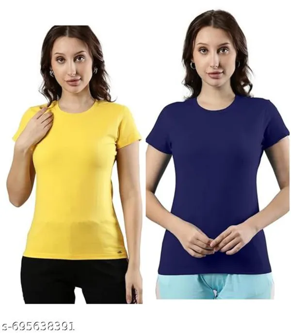 Yellow_And_Navy_Blue_Premium_Polyester_T_Shirt_For_Women_Pack_Of_2