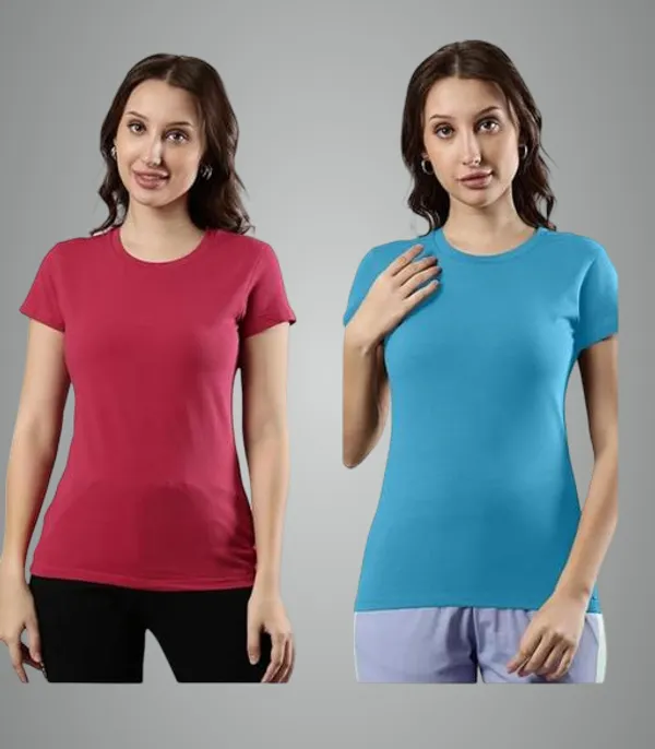 Maroon_And_Blue_Premium_Polyester_T_Shirt_For_Women_Pack_Of_2