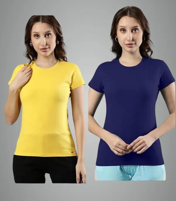Yellow_And_Navy_Blue_Premium_Polyester_T_Shirt_For_Women_Pack_Of_2