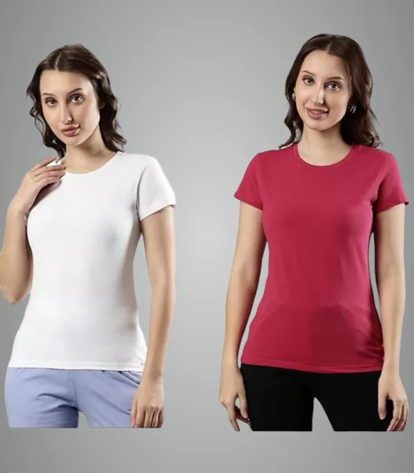 White_And_Maroon_Premium_Polyester_T_Shirt_For_Women_Pack_Of_2