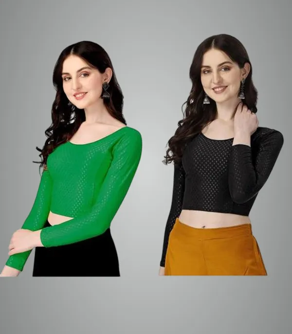 Green_And_Black_Premium_Lycra_Blouse_For_Women_Pack_Of_2