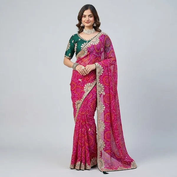 Pink_Bandhani_Saree_With_Heavy_Embellished_Border_And_Green_Embroidered_Blouse