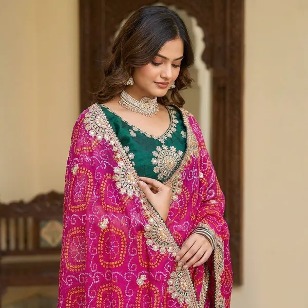 Pink_Bandhani_Saree_With_Heavy_Embellished_Border_And_Green_Embroidered_Blouse