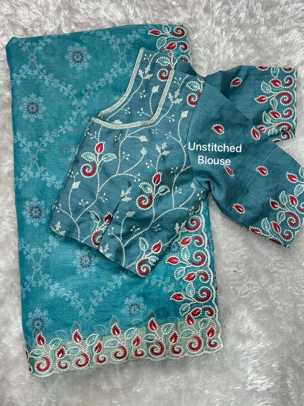 Turquoise_Floral_Print_Saree_With_Embroidered_Border_And_Unstitched_Blouse