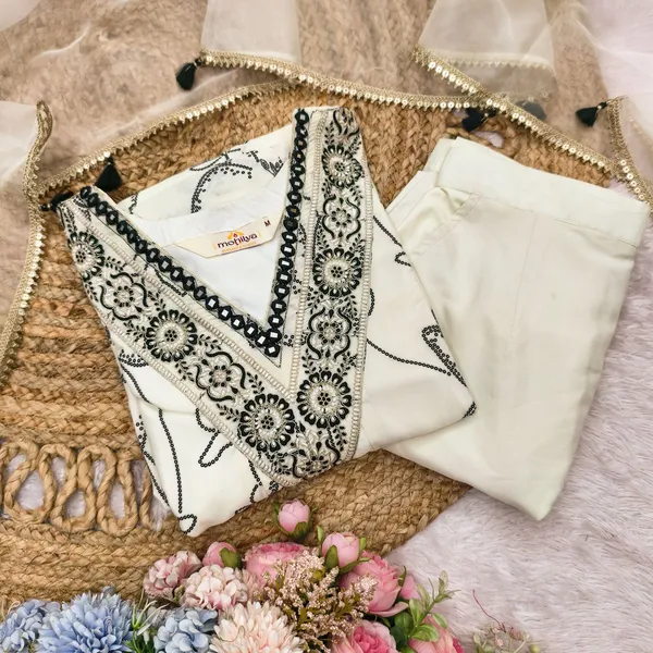 White_Embroidered_Kurta_Set_With_Dupatta_-_Floral_Thread_Work_Ethnic_Wear