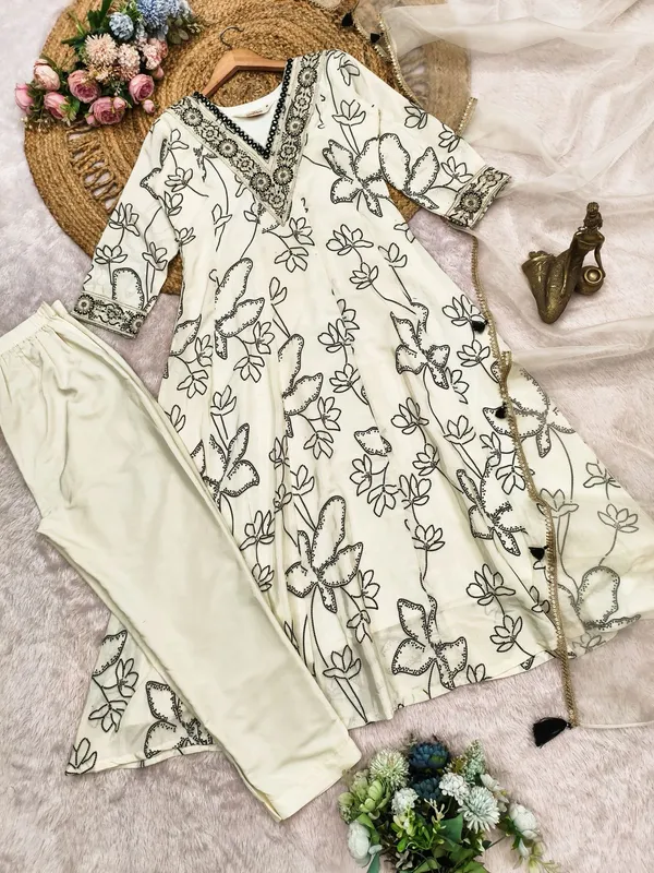 White_Embroidered_Kurta_Set_With_Dupatta_-_Floral_Thread_Work_Ethnic_Wear