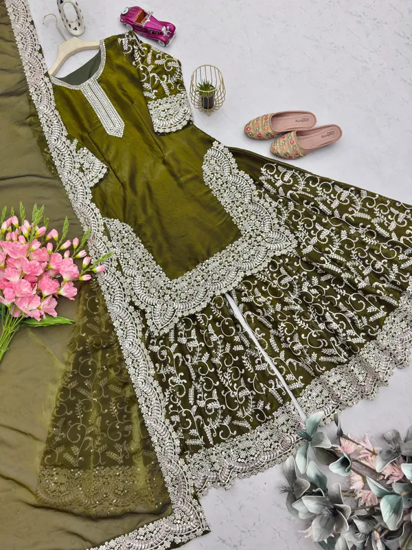 Olive_Green_Embroidered_Sharara_Suit_Set_With_Dupatta