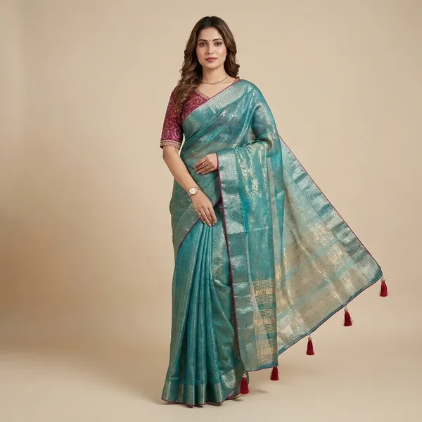 Turquoise_Silk_Blend_Saree_With_Embroidered_Wine_Blouse_Piece