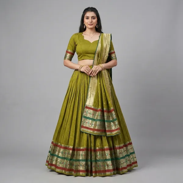 Women_Olive_Green_Lehenga_Choli_Set_With_Embroidered_Border_And_Dupatta