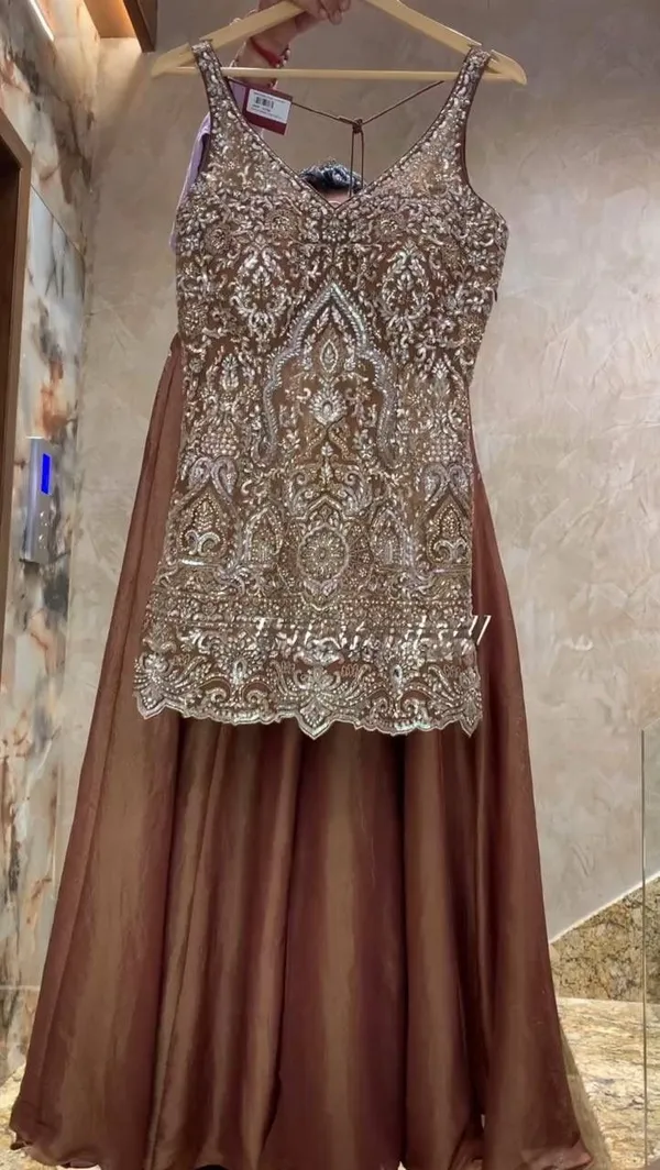 Embellished_Sequin_Short_Kurti_With_Palazzo_Set_-_Brown