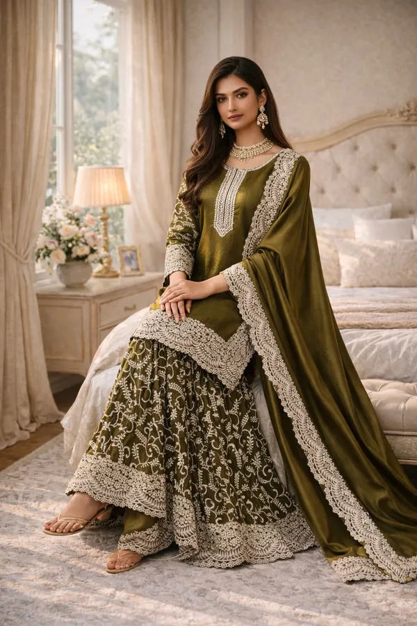 Olive_Green_Embroidered_Sharara_Suit_Set_With_Dupatta