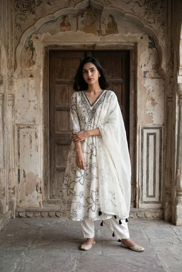 White_Embroidered_Kurta_Set_With_Dupatta_-_Floral_Thread_Work_Ethnic_Wear