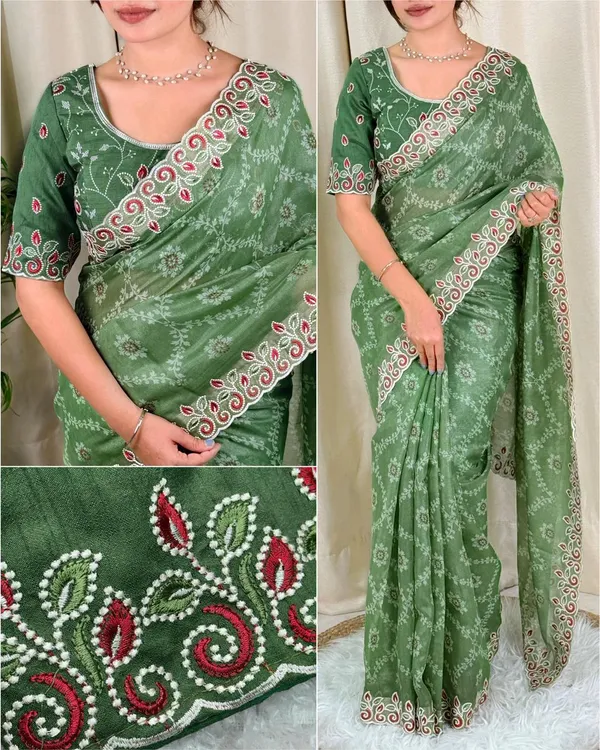 Green_Embroidered_Saree_With_Unstitched_Blouse