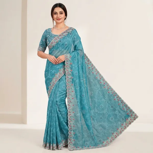 Turquoise_Floral_Print_Saree_With_Embroidered_Border_And_Unstitched_Blouse