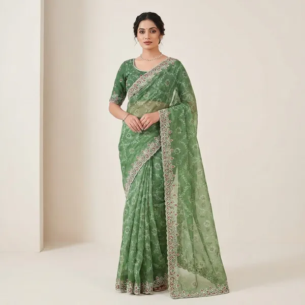 Green_Embroidered_Saree_With_Unstitched_Blouse