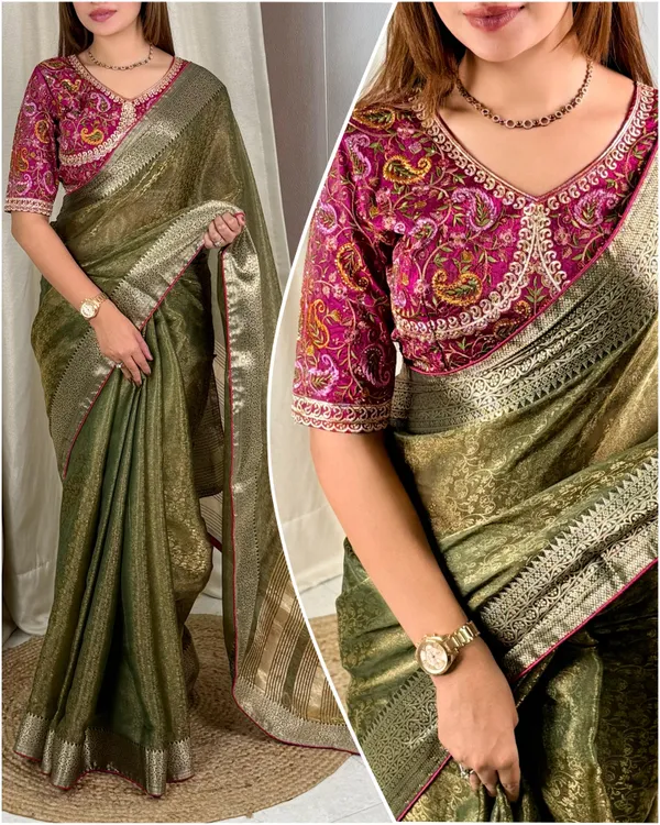 Olive_Green_Banarasi_Silk_Saree_With_Zari_Border_And_Embroidered_Magenta_Blouse