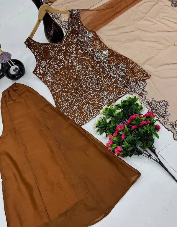 Embellished_Sequin_Short_Kurti_With_Palazzo_Set_-_Brown