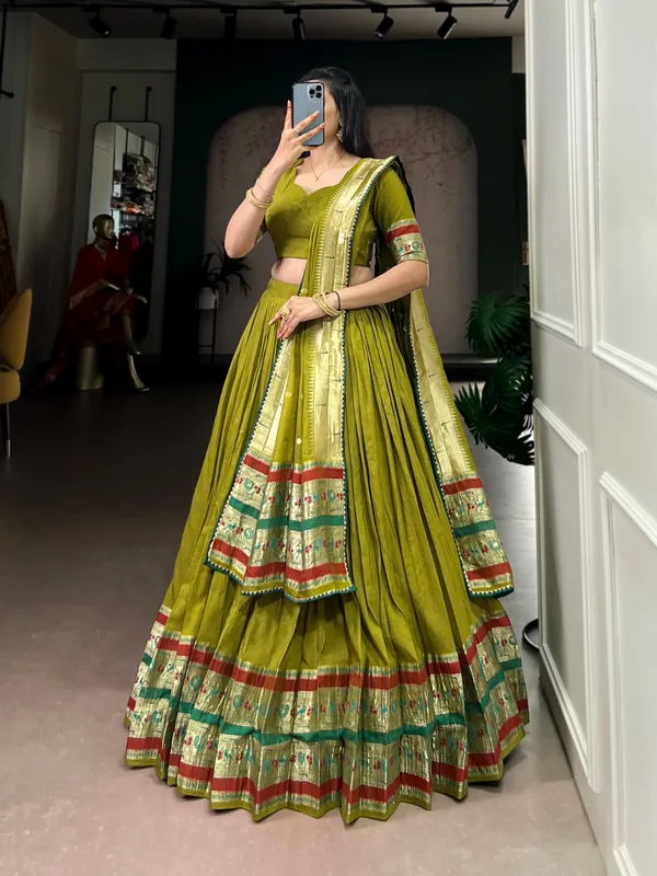 Women_Olive_Green_Lehenga_Choli_Set_With_Embroidered_Border_And_Dupatta