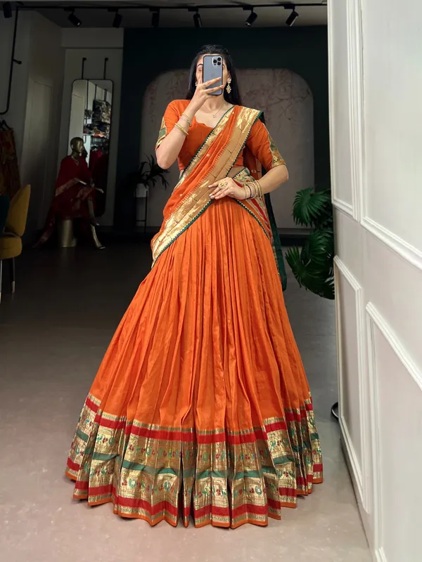 Orange_Silk_Lehenga_Choli_With_Gold_Border_And_Embroidered_Dupatta